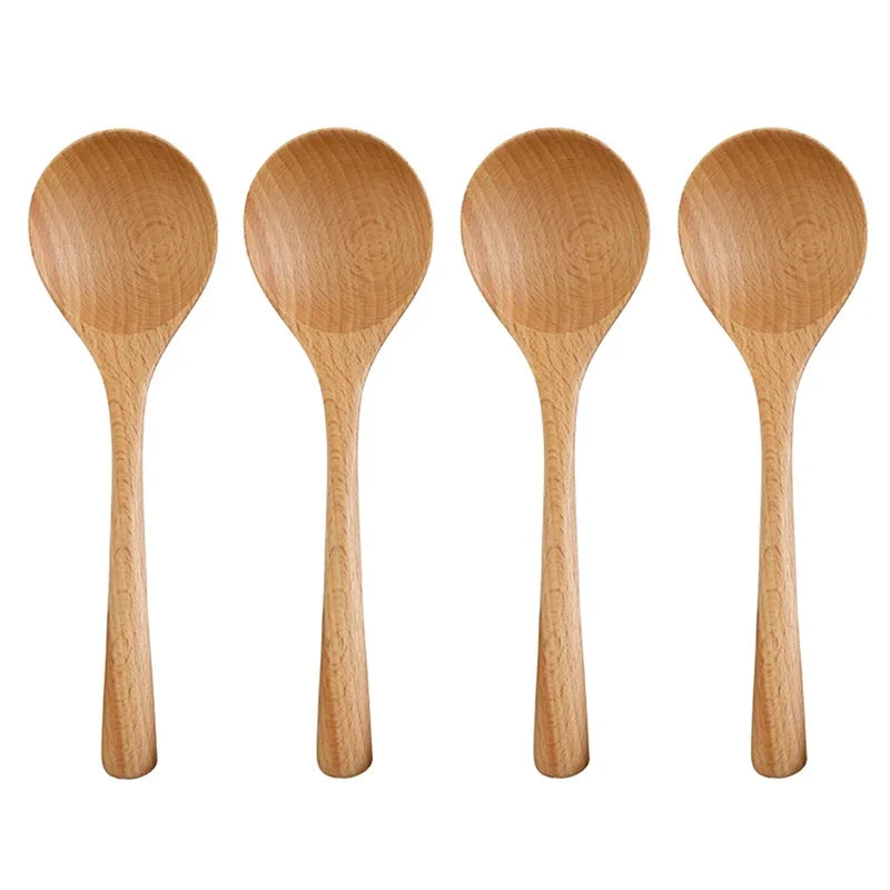 4Pcs Wooden Spoon & Chopsticks Set – Japanese Style Beech Wood Dinnerware, Long Soup Spoon & Reusable Sushi Chopsticks