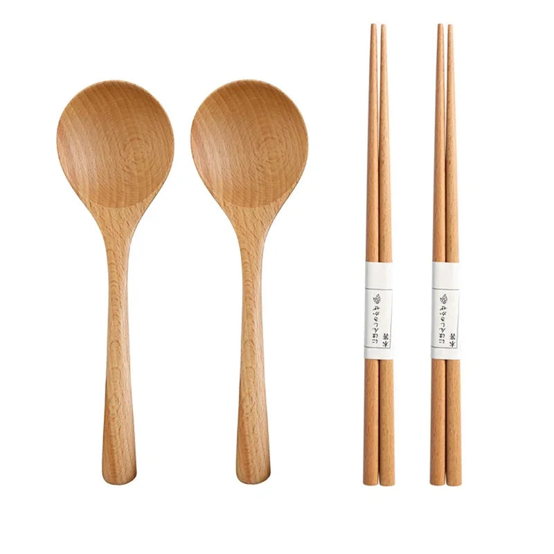 4Pcs Wooden Spoon & Chopsticks Set – Japanese Style Beech Wood Dinnerware, Long Soup Spoon & Reusable Sushi Chopsticks