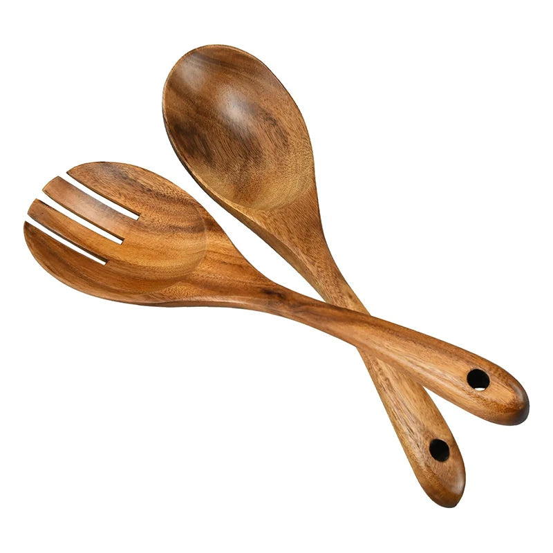 2Pcs Wooden Salad Spoon & Fork Set – Large Acacia Wood Kitchen Serving Utensils, Long Handle Tableware