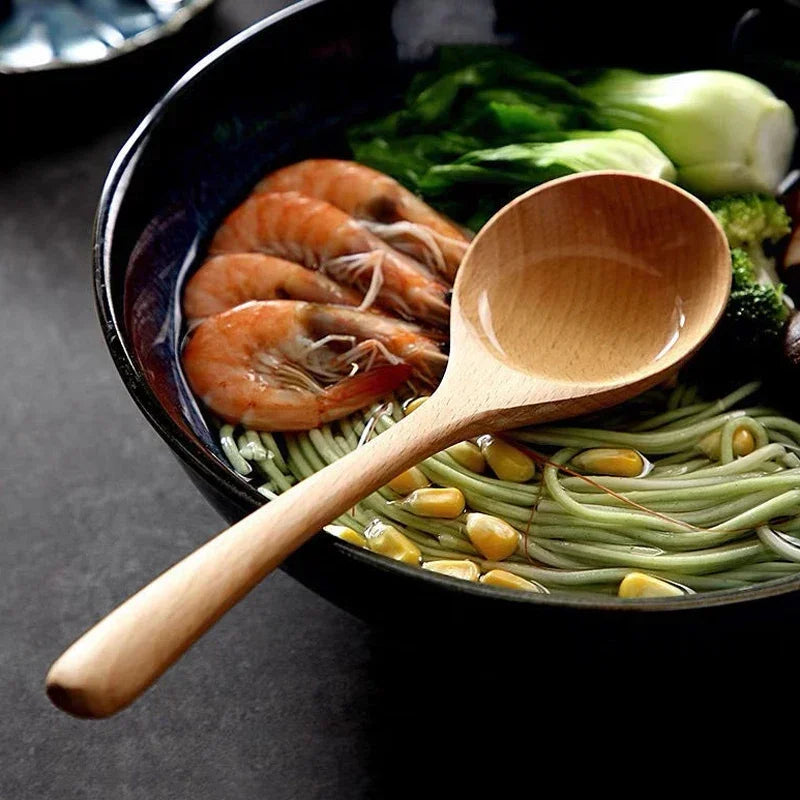 4Pcs Wooden Spoon & Chopsticks Set – Japanese Style Beech Wood Dinnerware, Long Soup Spoon & Reusable Sushi Chopsticks