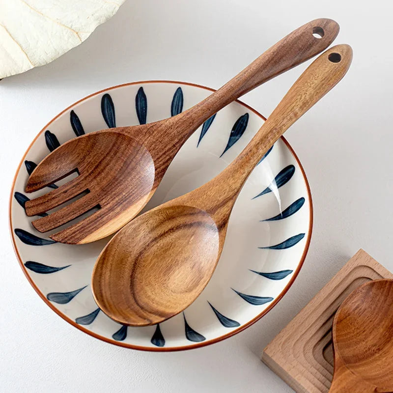 2Pcs Wooden Salad Spoon & Fork Set – Large Acacia Wood Kitchen Serving Utensils, Long Handle Tableware
