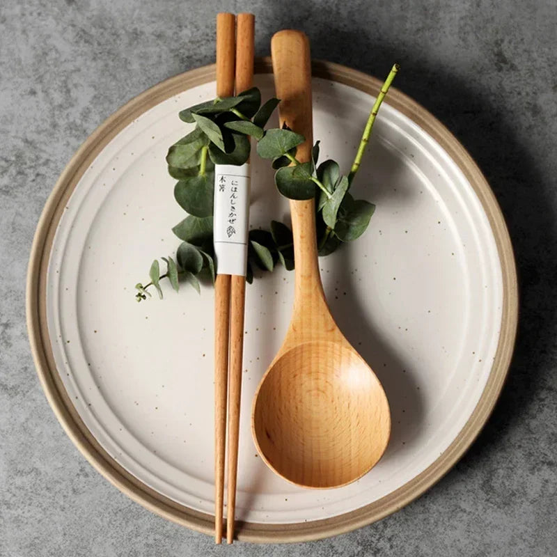 4Pcs Wooden Spoon & Chopsticks Set – Japanese Style Beech Wood Dinnerware, Long Soup Spoon & Reusable Sushi Chopsticks