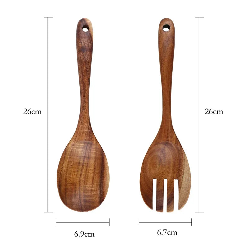 2Pcs Wooden Salad Spoon & Fork Set – Large Acacia Wood Kitchen Serving Utensils, Long Handle Tableware