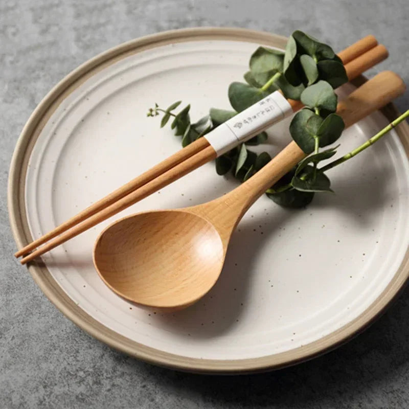 4Pcs Wooden Spoon & Chopsticks Set – Japanese Style Beech Wood Dinnerware, Long Soup Spoon & Reusable Sushi Chopsticks